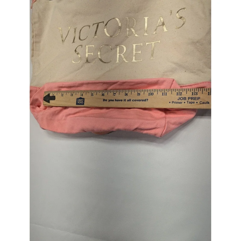 Victoria's Secret Canvas Tote Bag Pink Bottom‎ Gold Logo Top Handle Shoulder